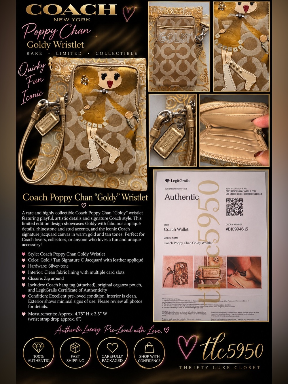Coach Poppy Chan Goldy Wristlet - Gold/Tan